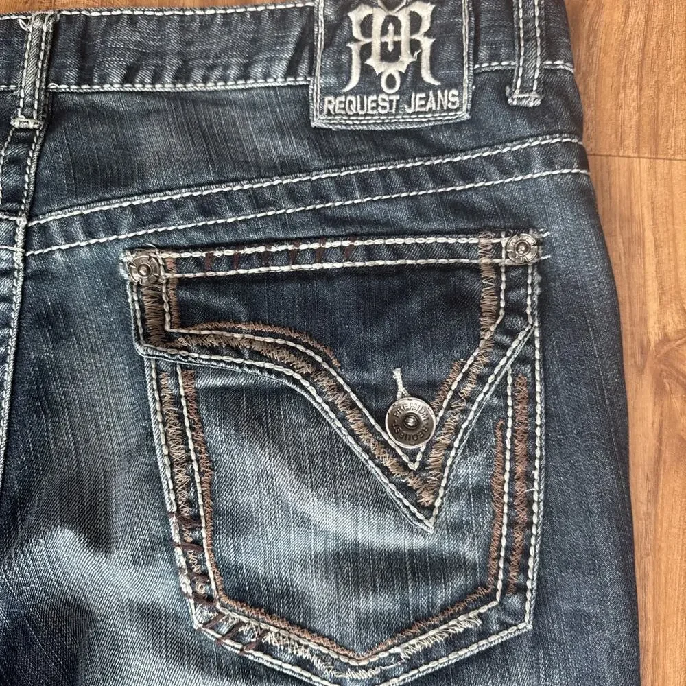 Request Y2K‎ Jeans Men 36x30 Flap Pockets Rivets Straight Fade Whiskers